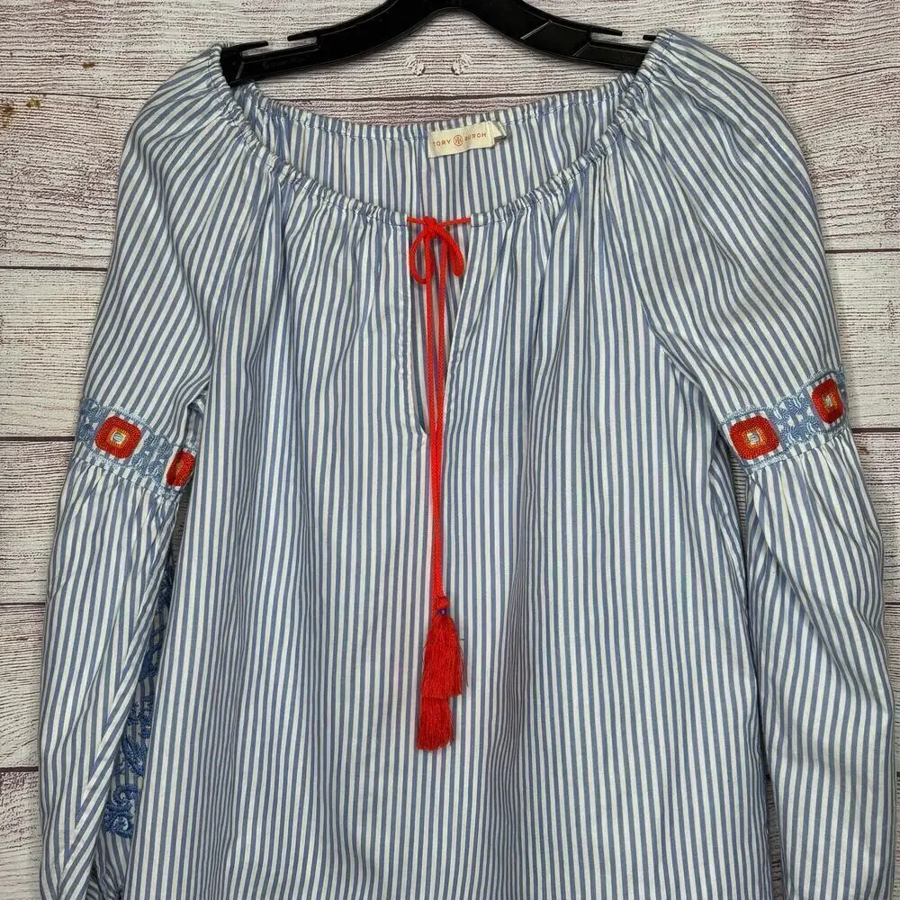 Tory Burch Madison Peasant Boho Striped Embroidered Tie Front Top Size 2